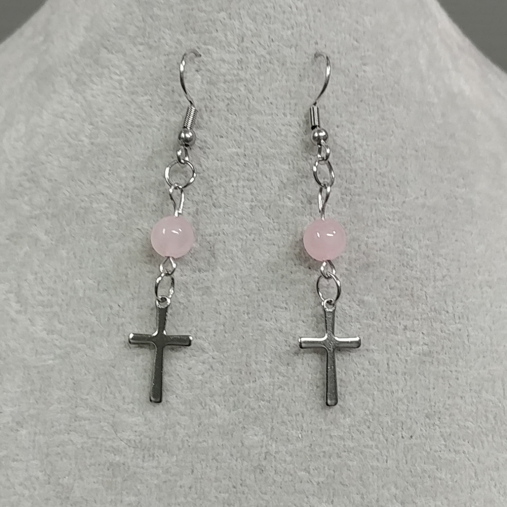 Cross Earring Rose Quartz Gemstone Surgical Stainless-Steel Cross Dangle Earring